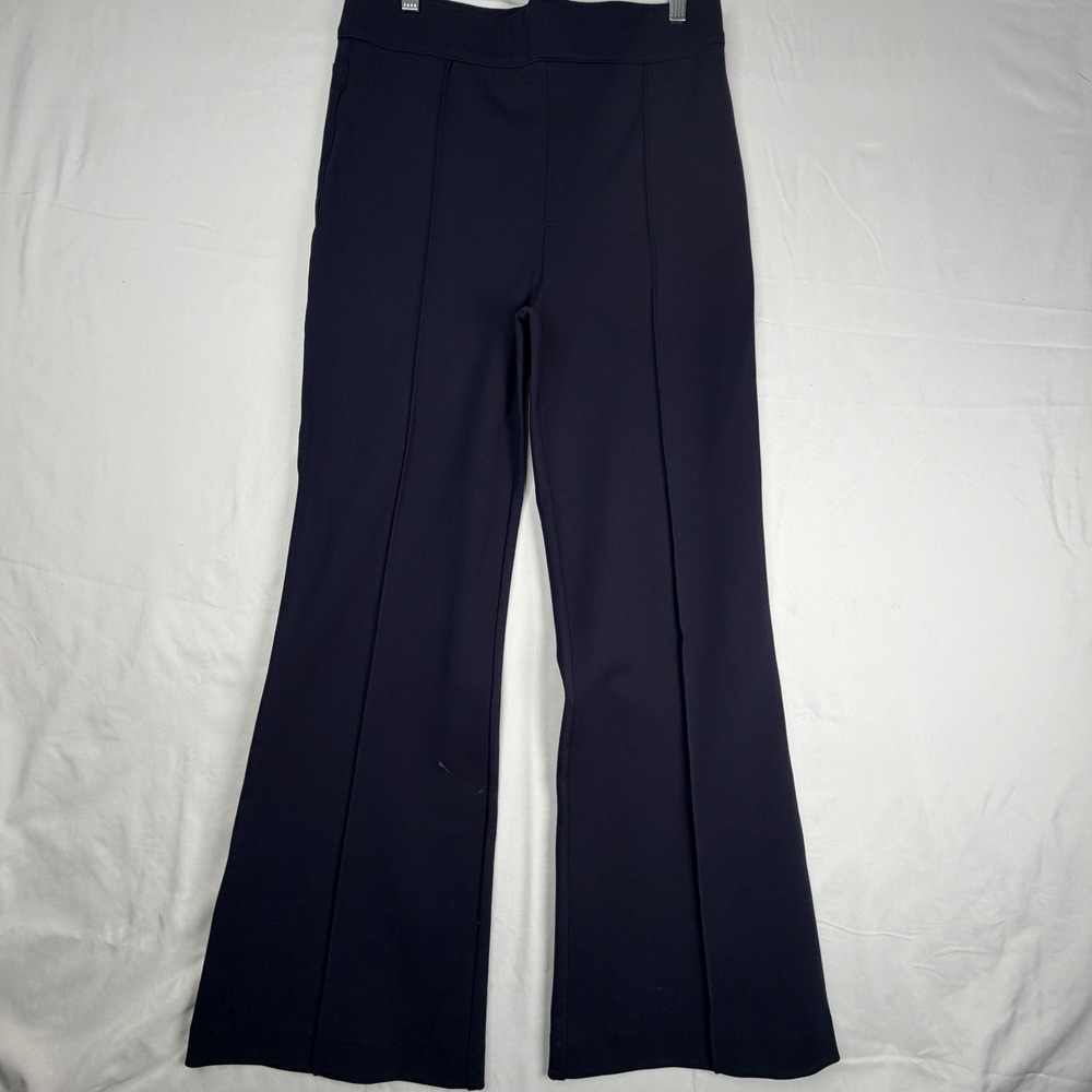 Spanx The Perfect Pant Hi-Rise Flare Navy Blue Pintuck Pull On Trousers Large